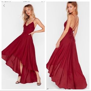 Burgundy high low open back dress